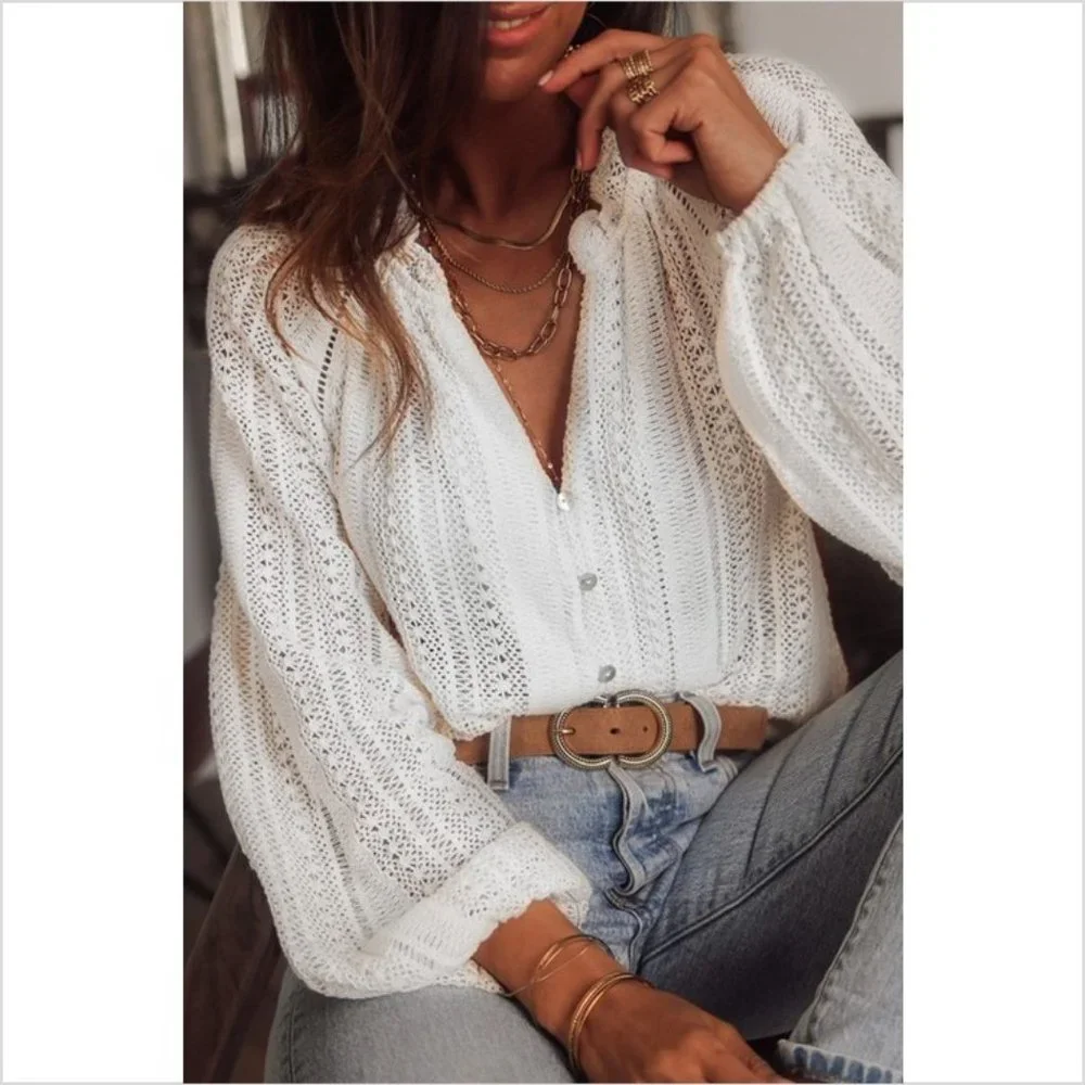 New Bohemian White Lace Long Sleeve V-Neck Button Front Blouse Top - Picture 2 of 11